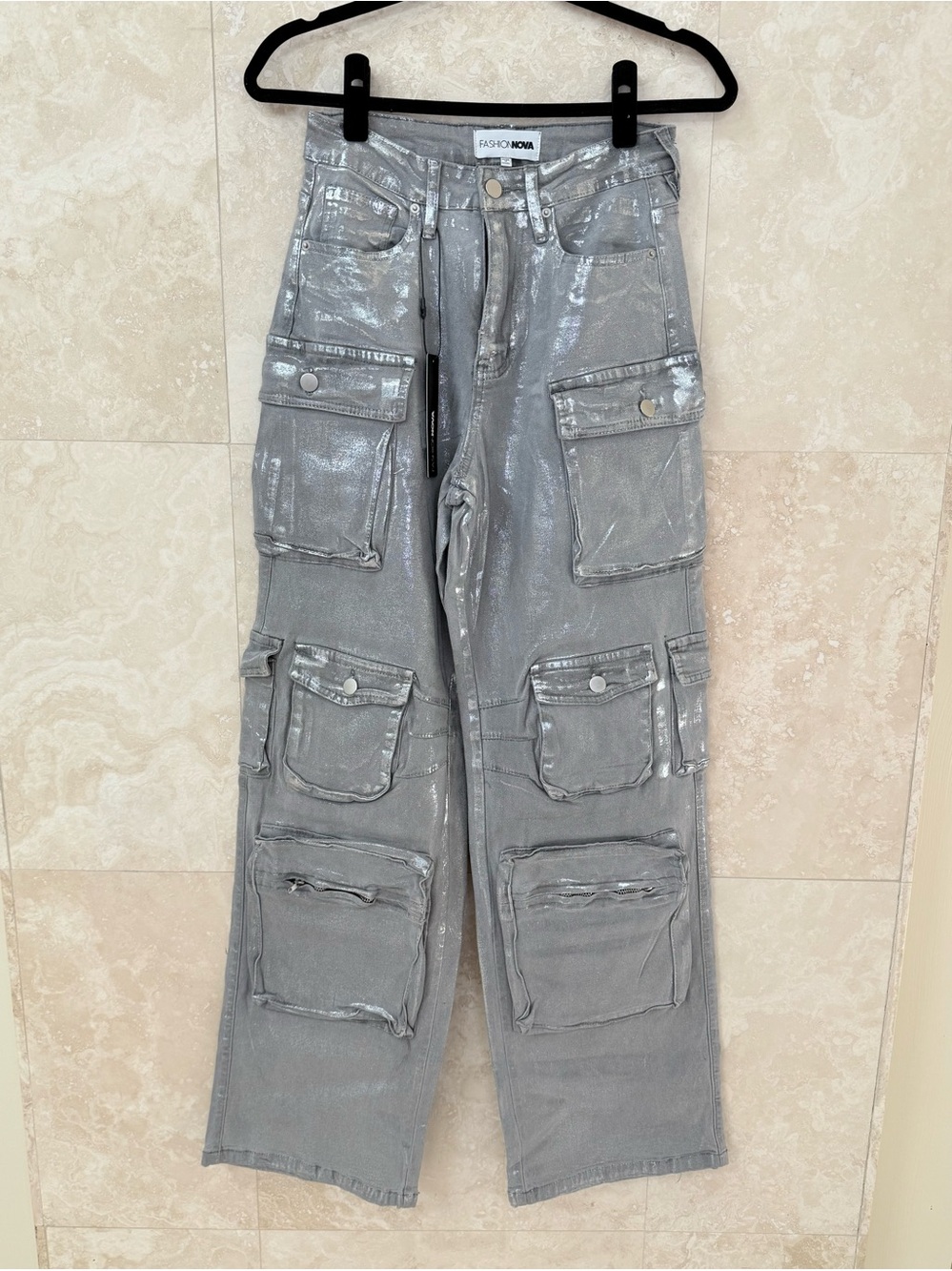 Viral Fashion Nova Silver Foil Metallic Cargo Pants Time To Shine Size 5 NWT